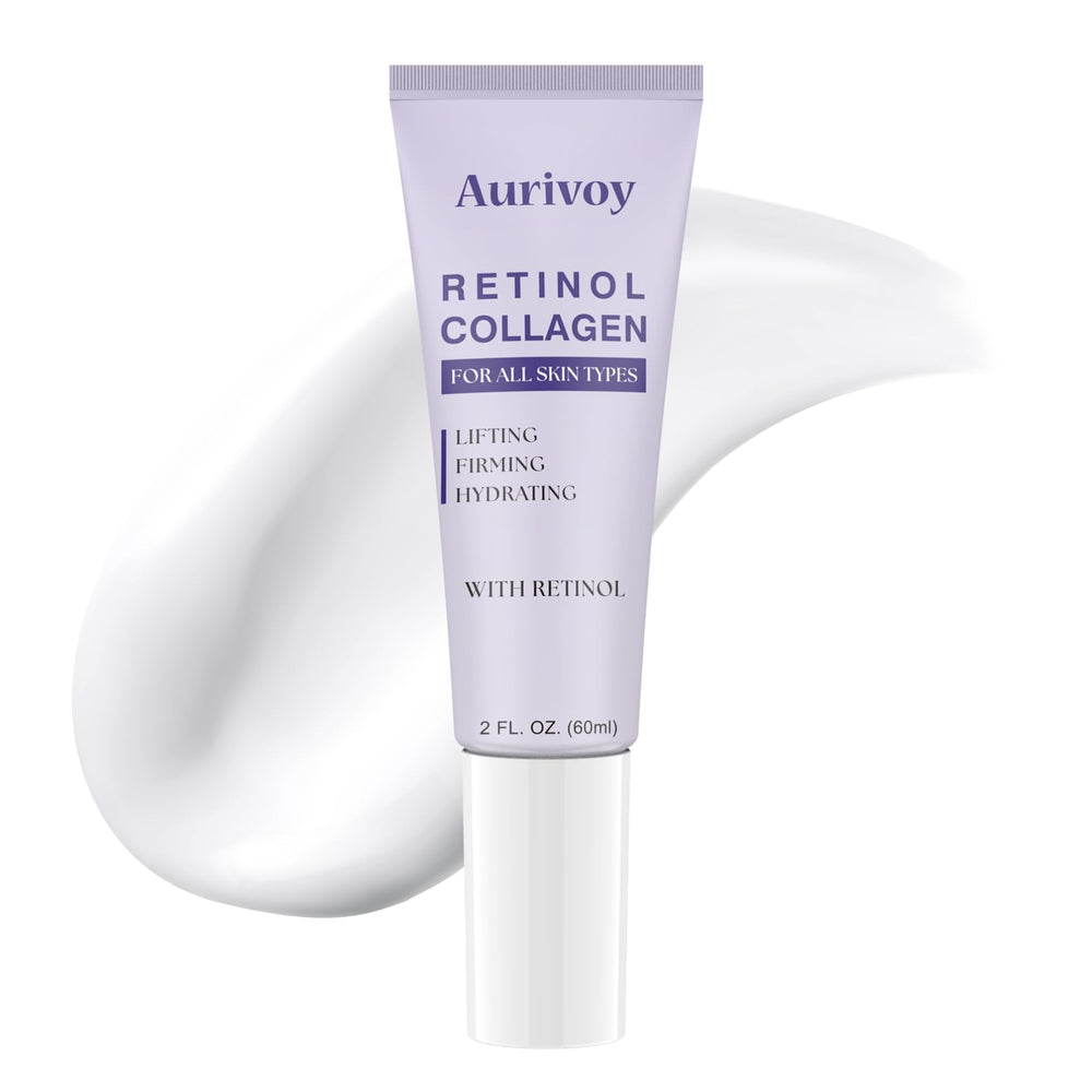 Aurivoy Retinol Collagen Cream packaging close-up highlights premium anti-aging formula for daily use.