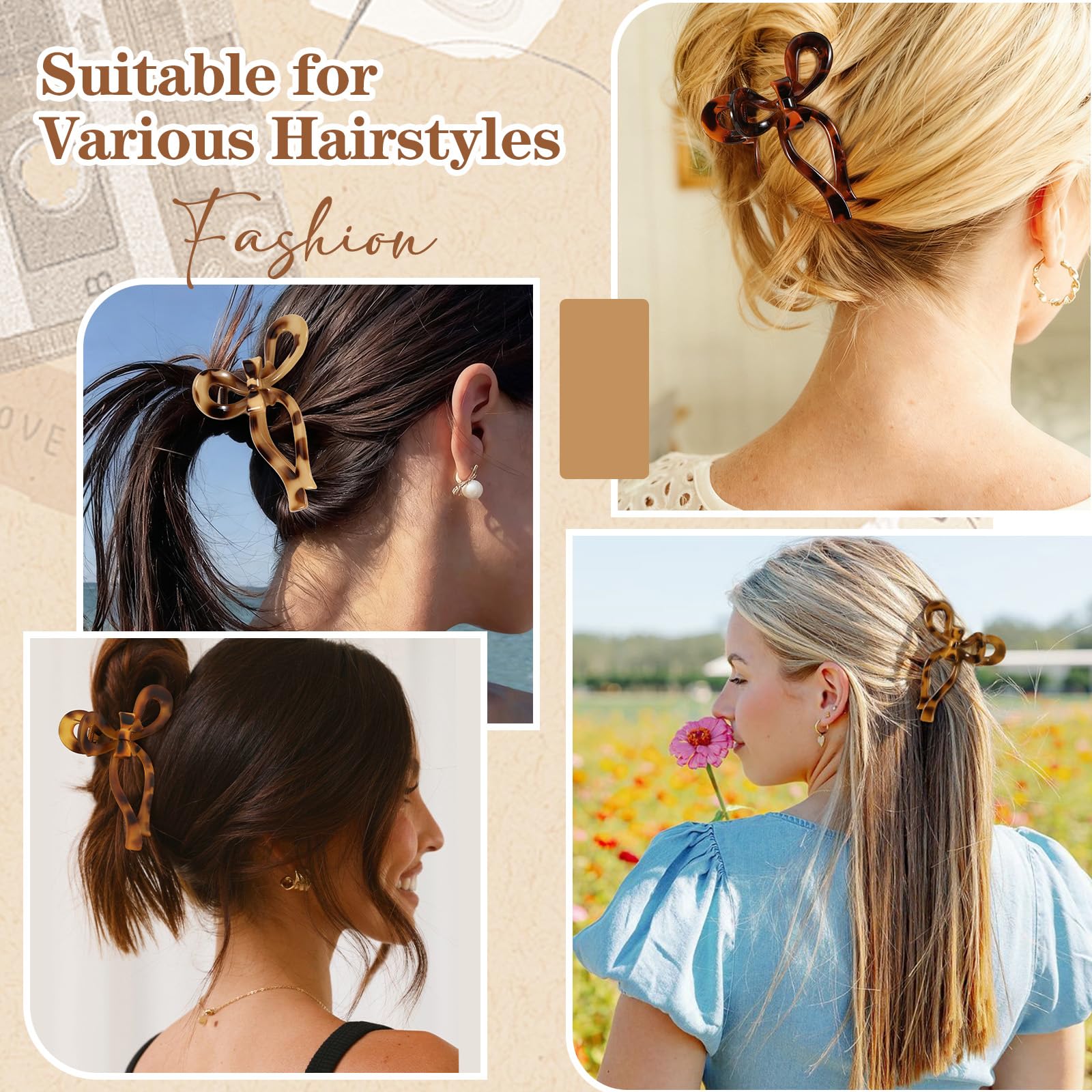 Auseibeely bow clip tortoise-shell pony-tail showcases decorative yet secure hold.