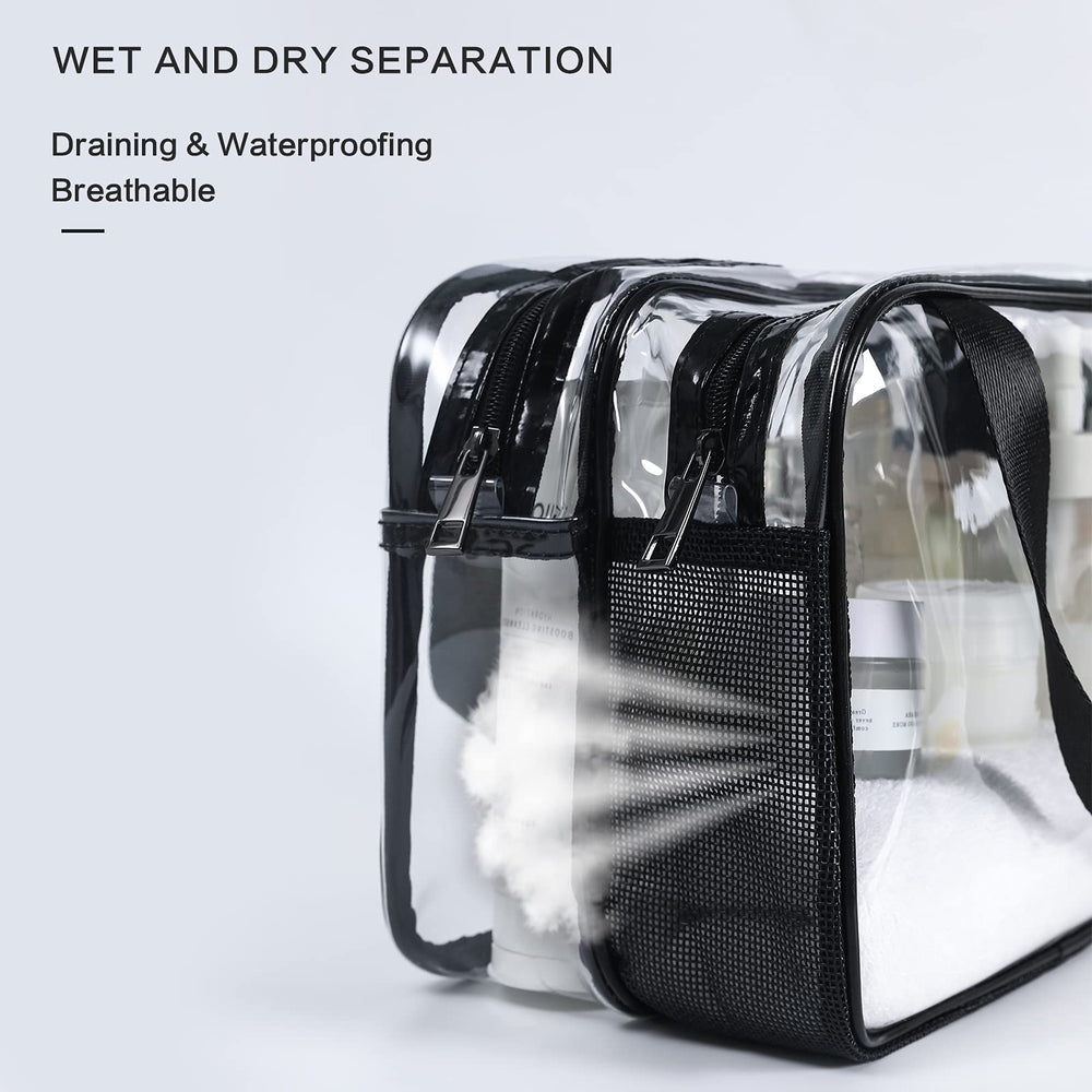 Auseibeely clear toiletry bag waterproof compartment keeps liquids secure.