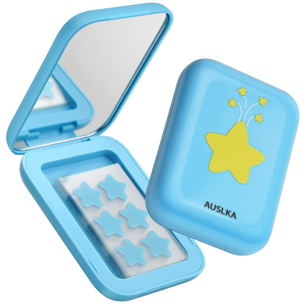 AUSLKA Star Pimple Patches compact mirror in glossy blue, ideal for on-the-go touch-ups.
