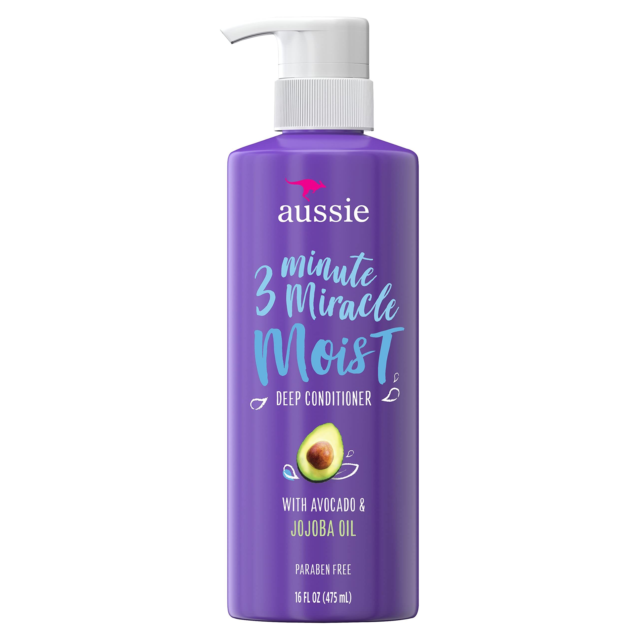 Aussie 3 Minute Miracle Moist Detangler 16oz bottle shows avocado oil for smoother, softer hair.
