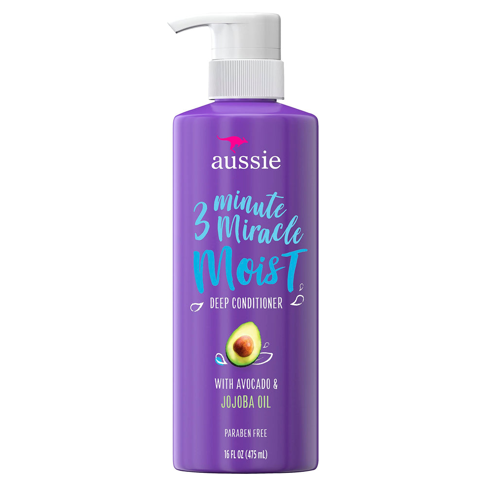 Aussie 3 Minute Miracle Moist Detangler 16oz bottle shows avocado oil for smoother, softer hair.