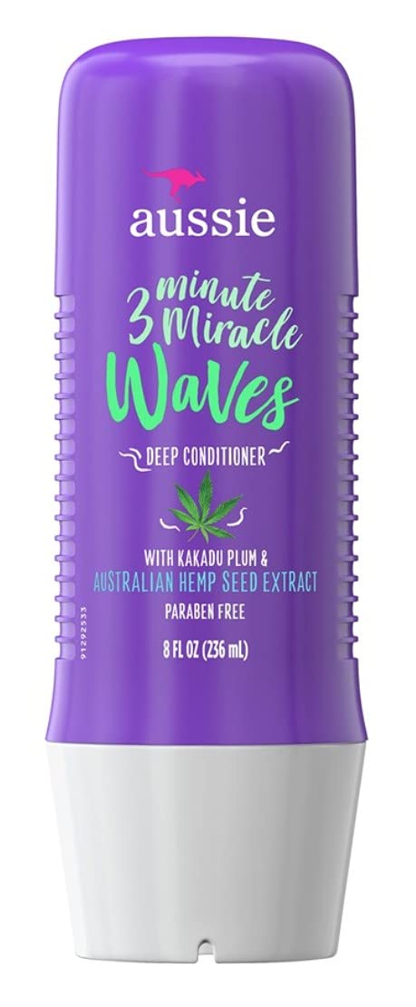 Aussie 3 Minute Miracle Waves bottle demonstrates quick hydration for wavy hair.