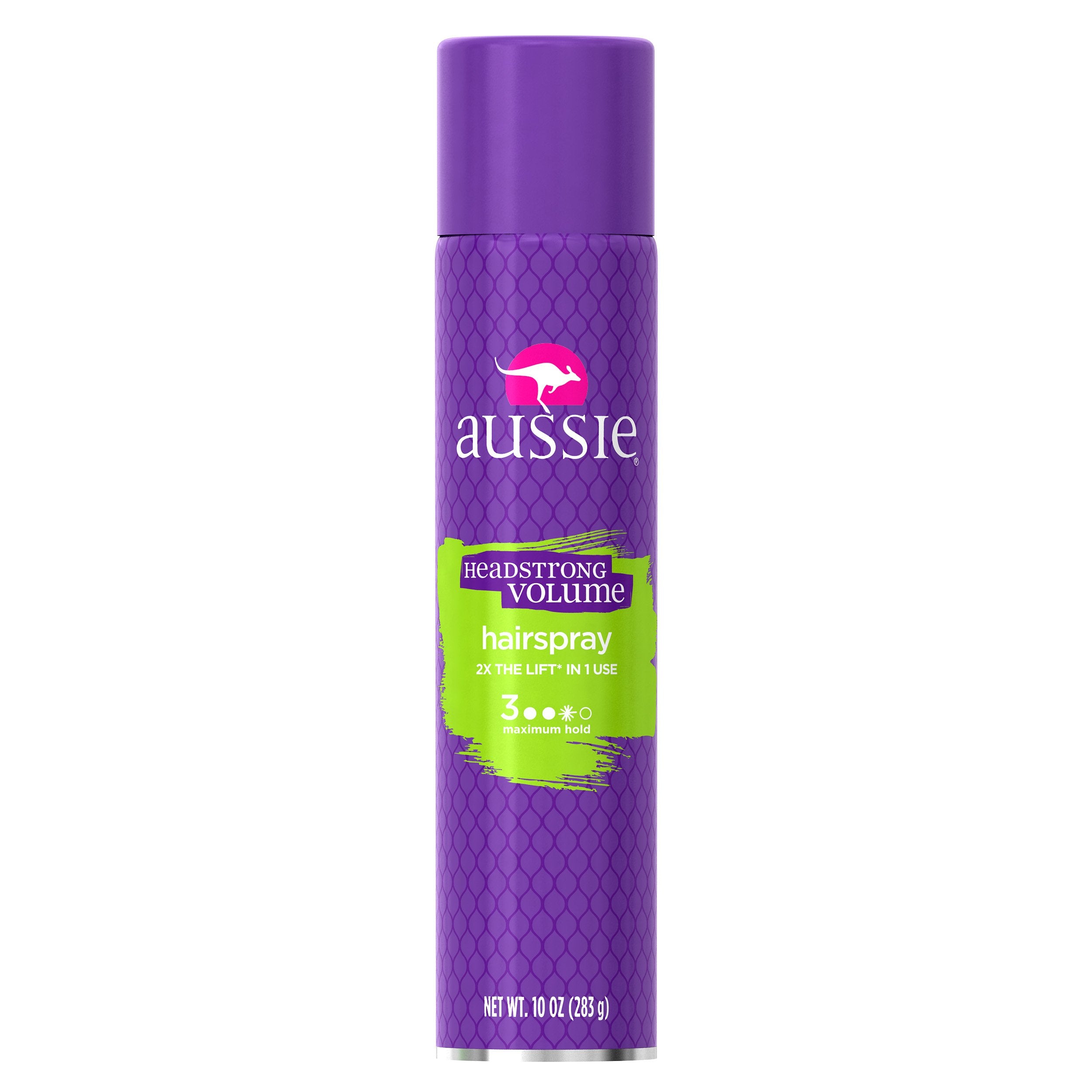 Aussie Headstrong Volume Spray bottle showing maximum hold for fuller hair.