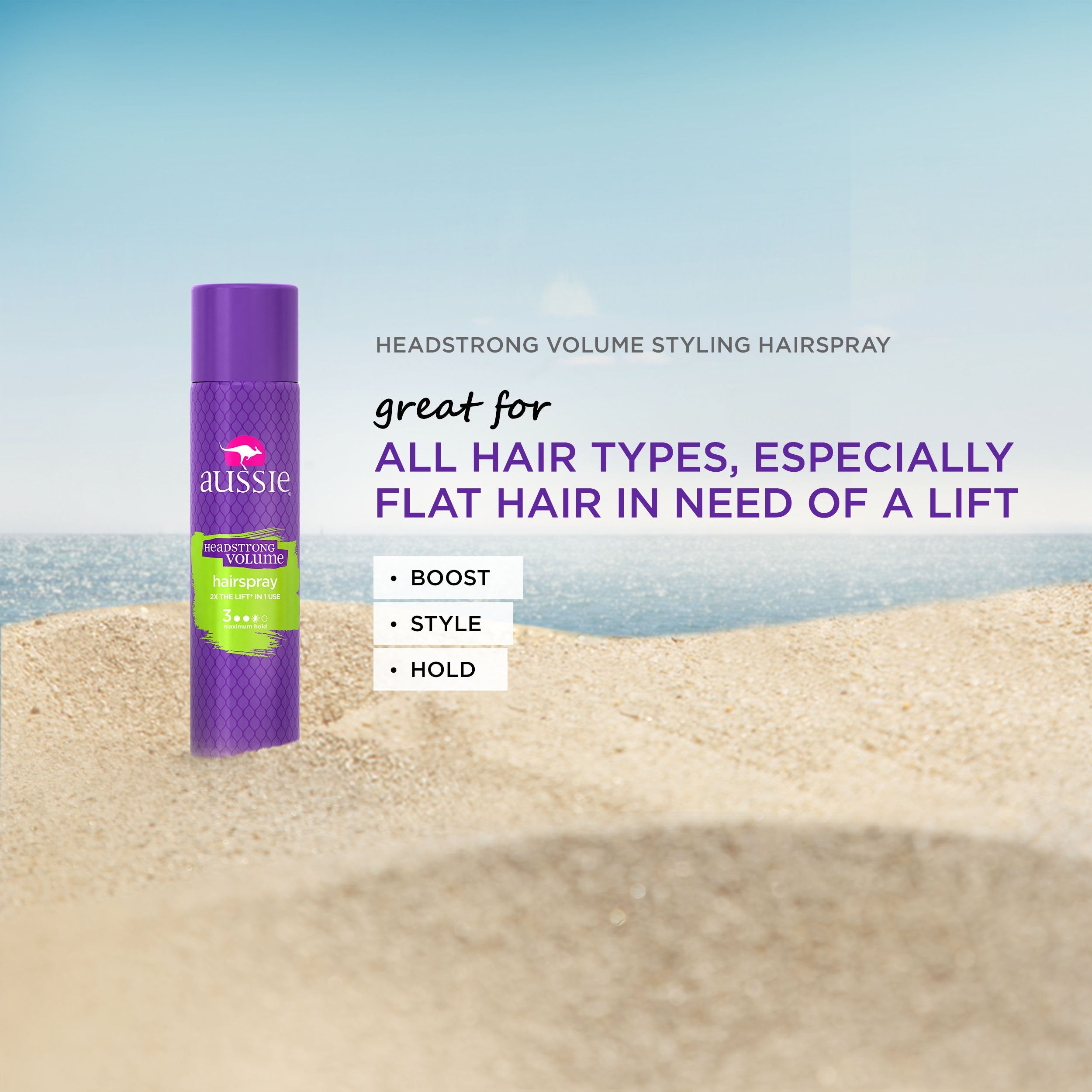 Aussie Headstrong Volume Spray with Jojoba Oil smooths and conditions.