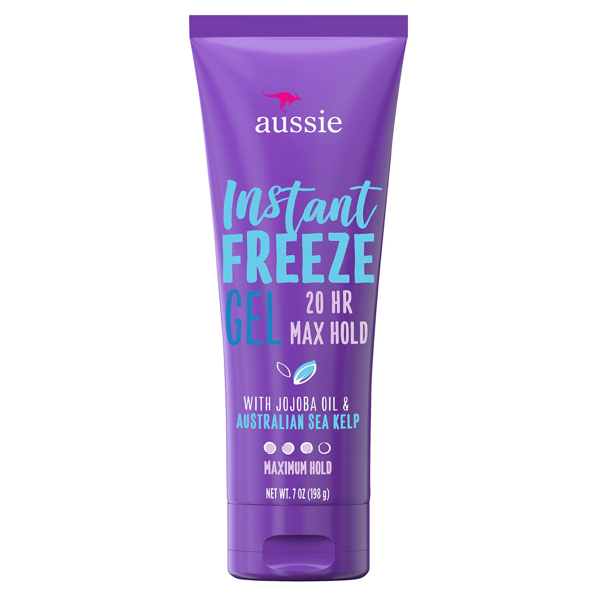 Aussie Instant Freeze Hair Gel bottle with jojoba oil and sea kelp for strong hold.