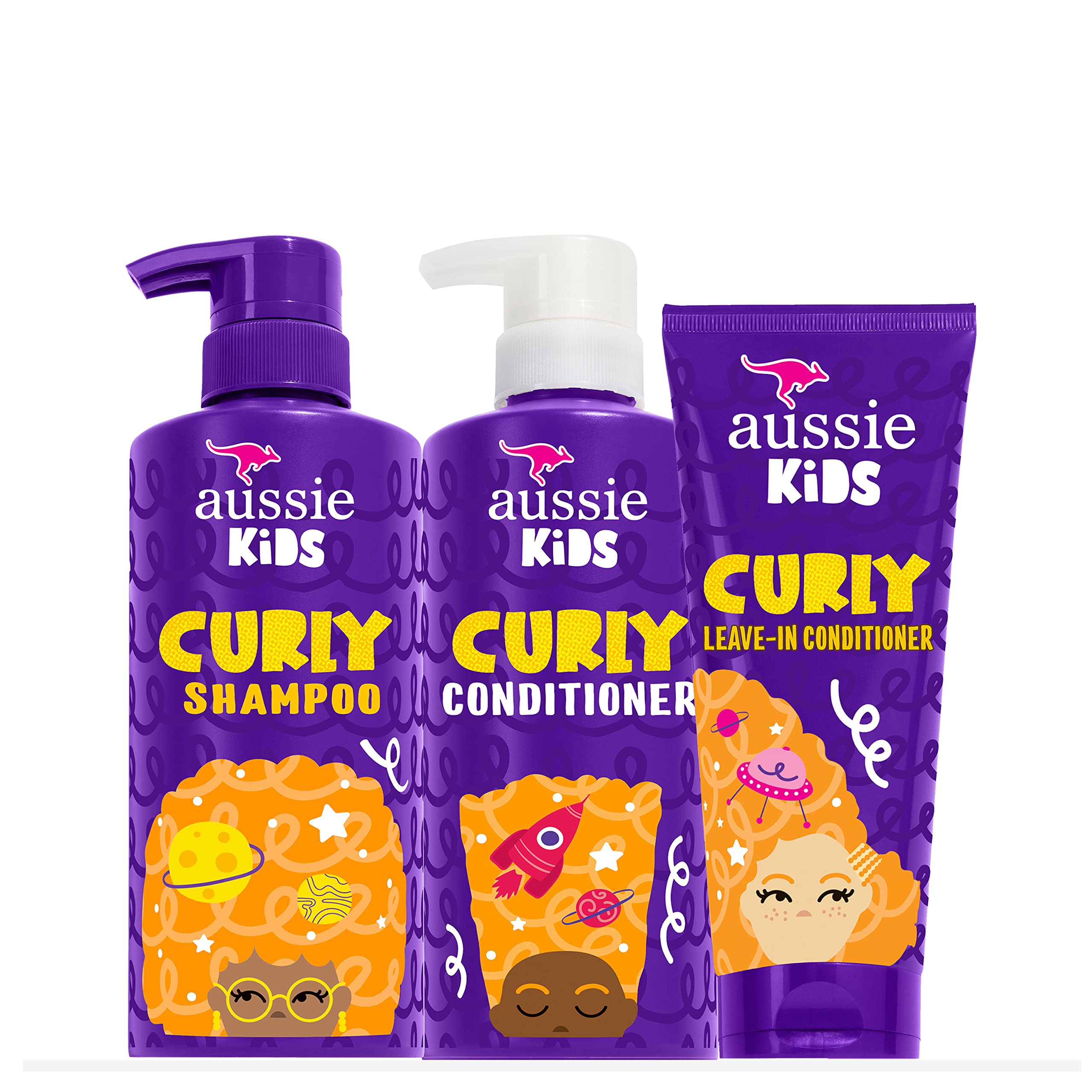 Aussie Kids curly shampoo bottle being poured for gentle cleansing.