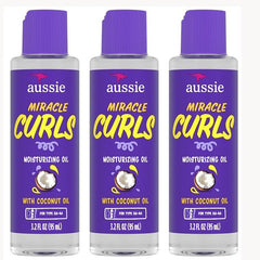 Aussie Miracle Curls Defining Oil bottle closeup showing hydration and shine for curly hair.
