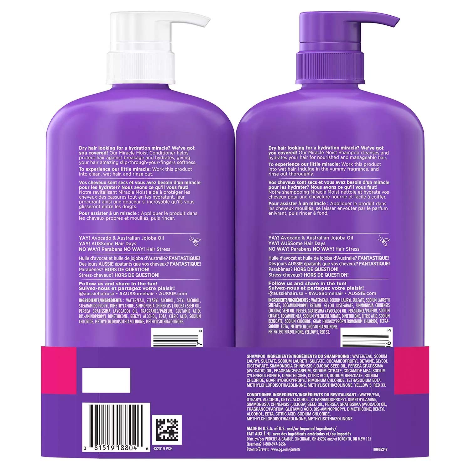 Aussie Miracle Moist duo pack shot highlighting paraben-free formula and scent.