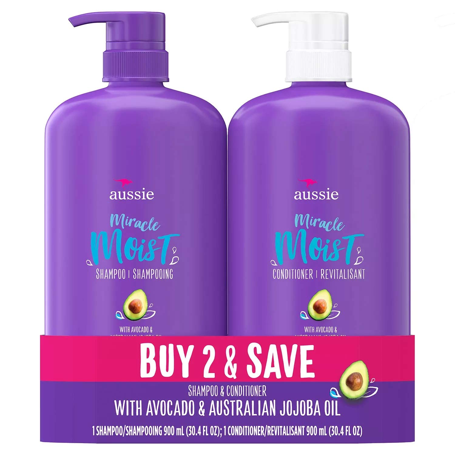 Aussie Miracle Moist shampoo bottle pour hydrates dry hair with avocado and jojoba oil.