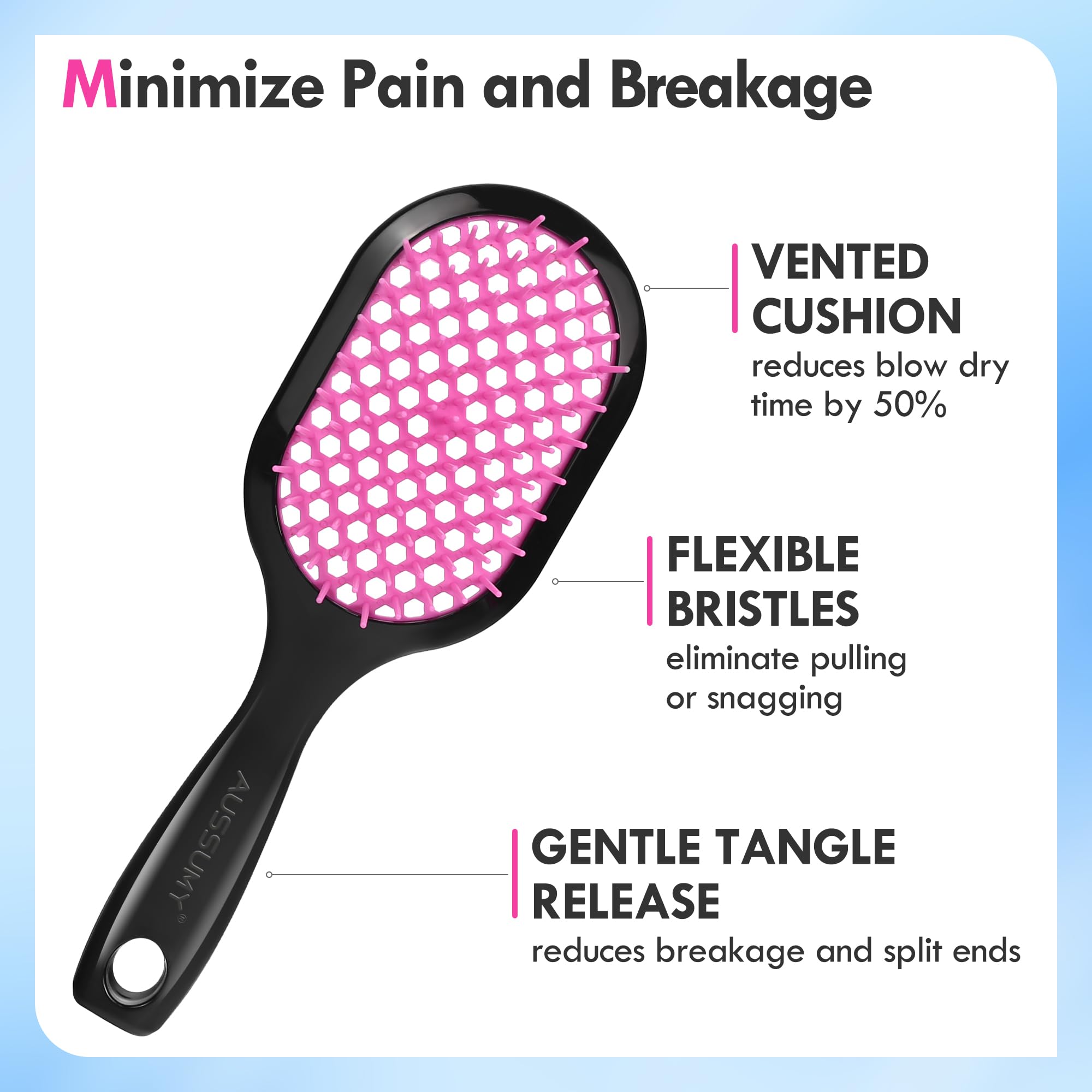 Aussumy detangling brush hollow design close-up promotes airflow and reduced frizz.