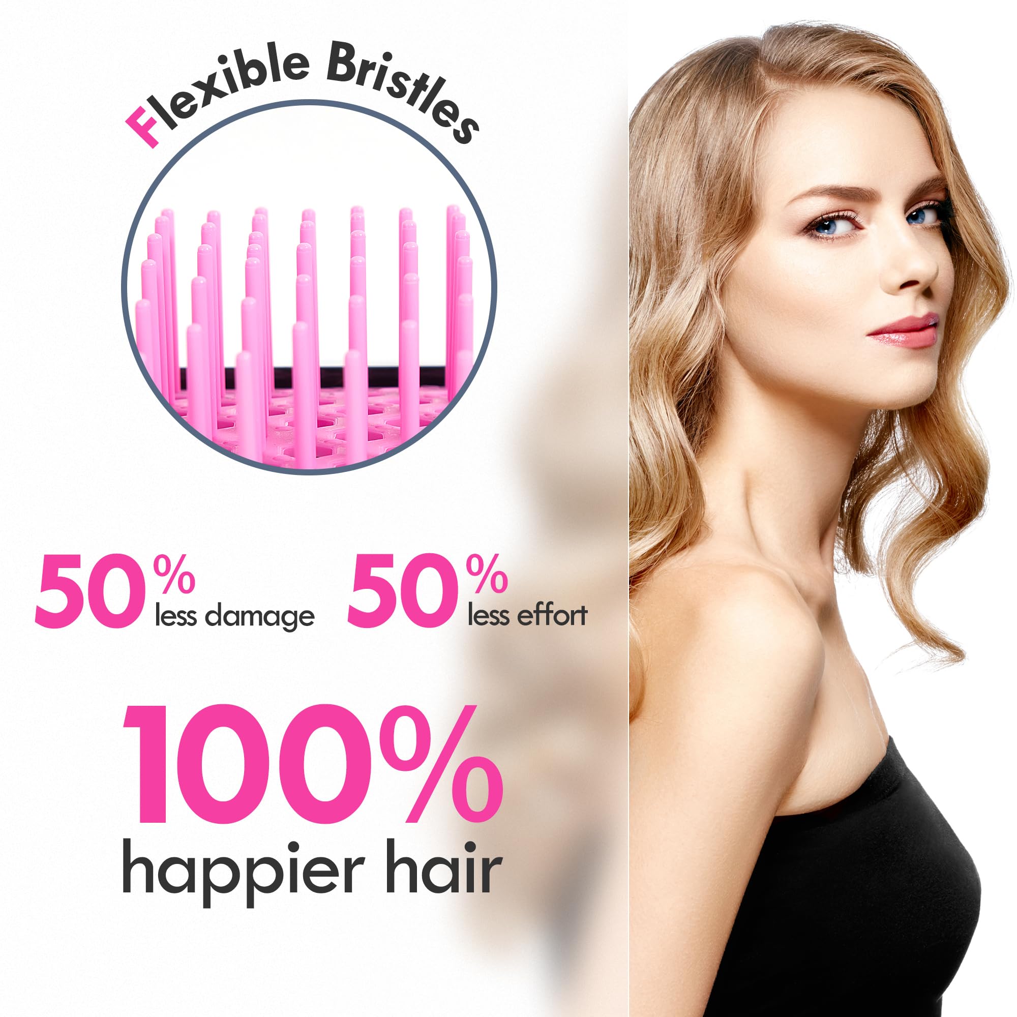 Aussumy soft bristles close-up deliver gentle detangling on tangled hair.