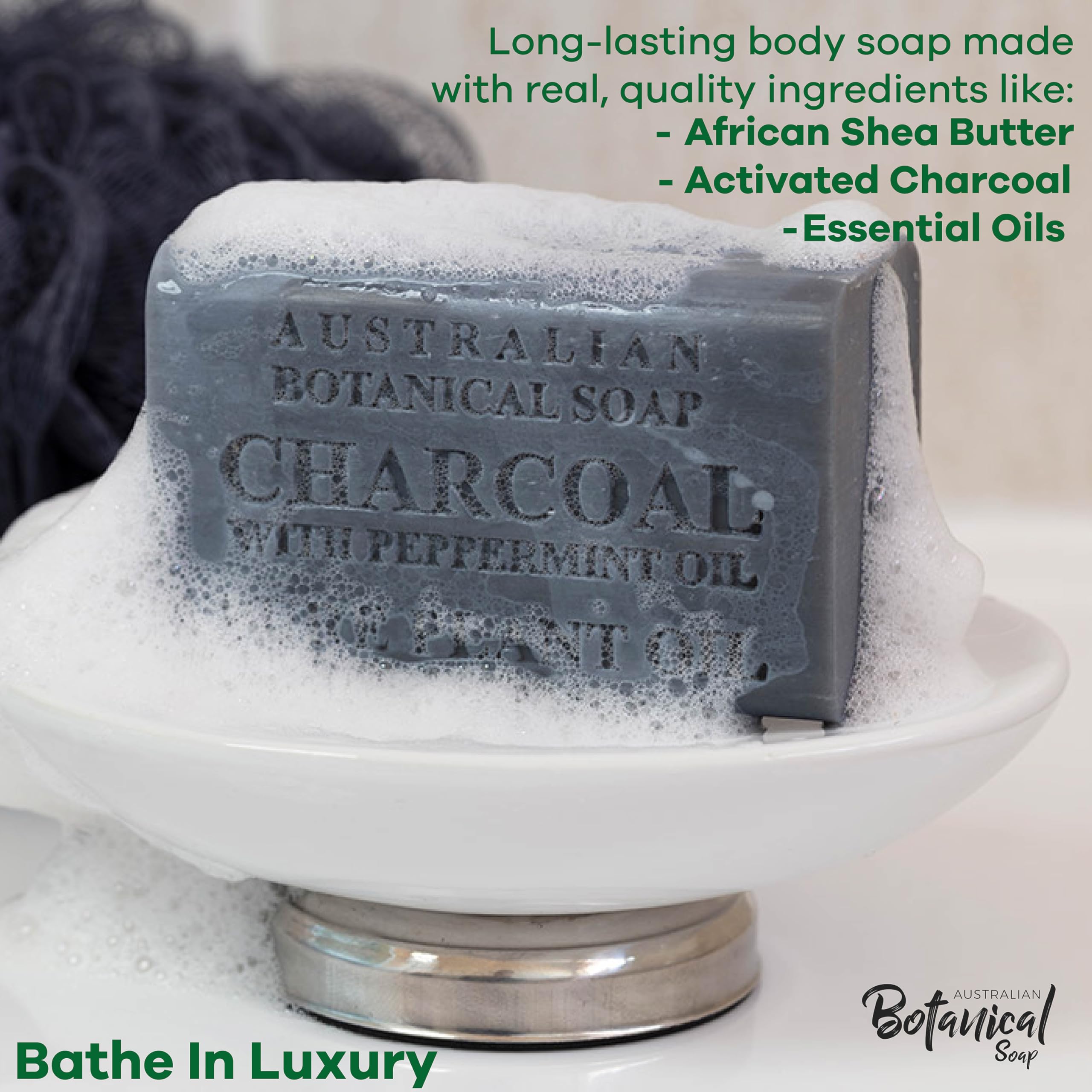 Australian Botanical Soap peppermint oil infusion provides refreshing skin sensation.