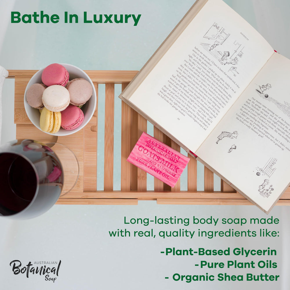 Australian Botanical Goats Milk Raspberry Bar closeup— creamy lather with fruity aroma.