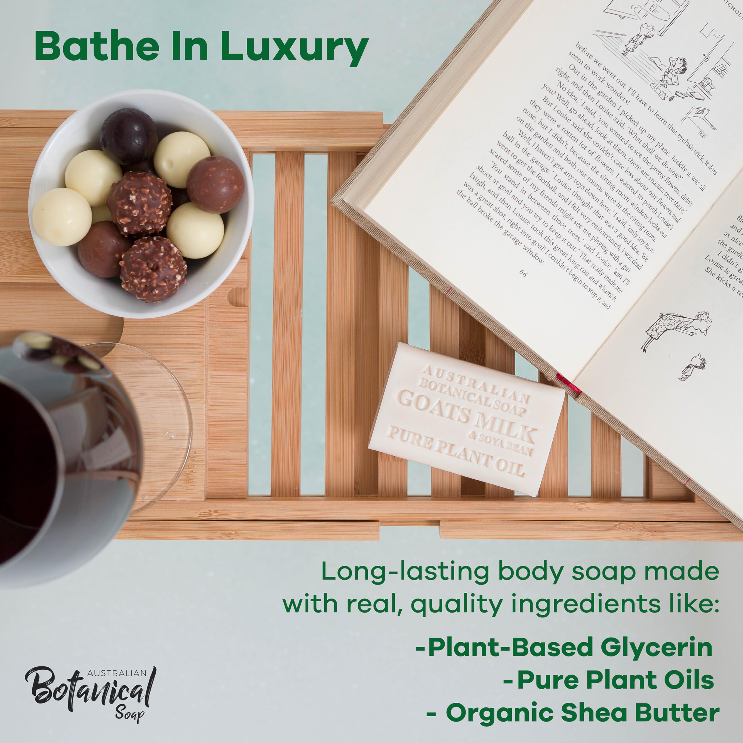 Australian Botanical Goats Milk Soap closeup shows creamy lather for gentle cleansing.