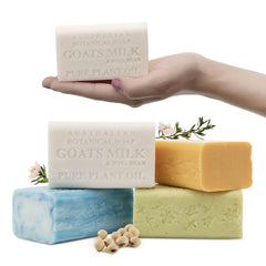 Australian Botanical Goats Milk Soap Manuka Honey Lemongrass Sea Salt bar 6.6 oz in-pack visual for rich cleansing.