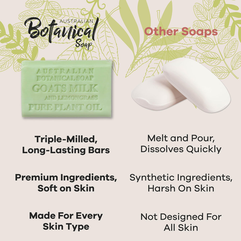 Australian Botanical Milk Soap dense-foam image highlights long-lasting lather with plant-based cleansing.