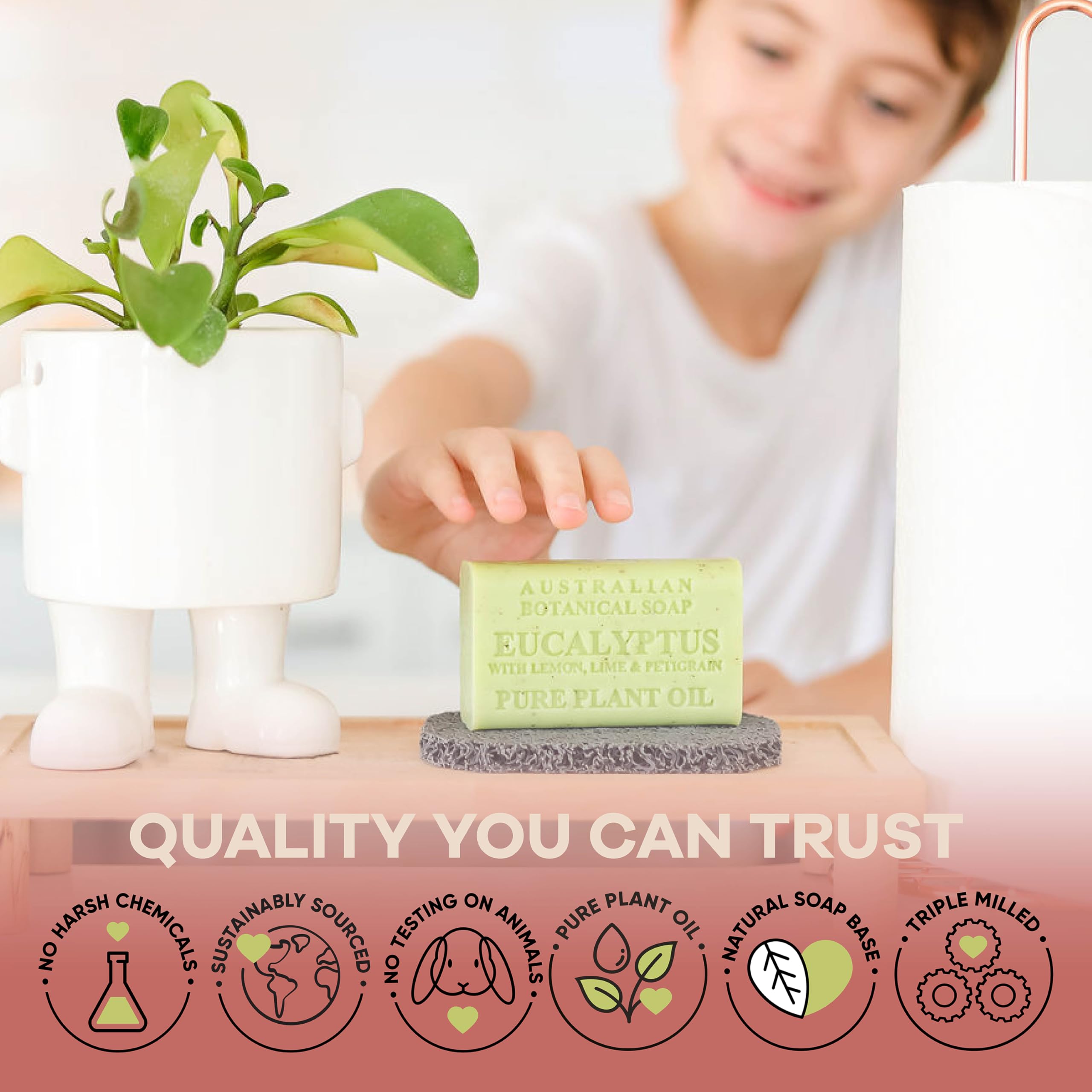Australian Botanical Soap eucalyptus fragrance with citrus notes in product image.