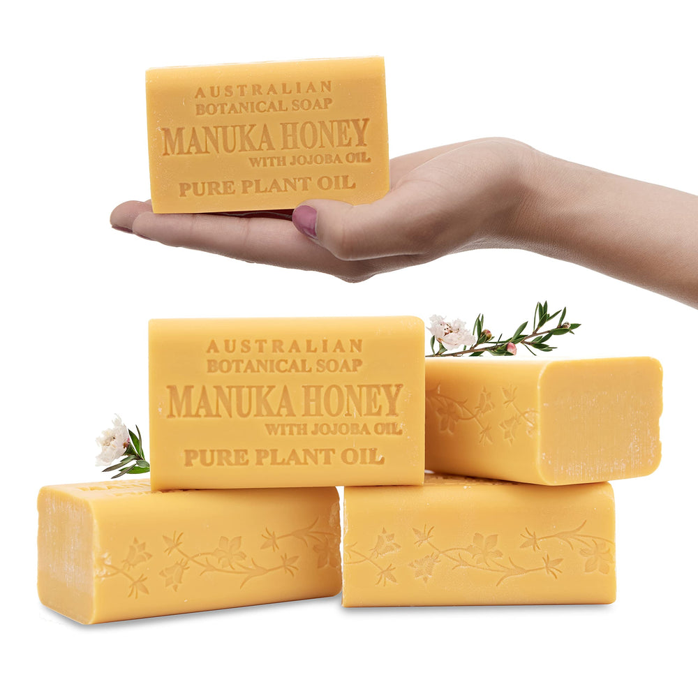 Australian Botanical Soap Manuka Honey with Jojoba Bar closeup lather shows creamy, hydrating bubbles.