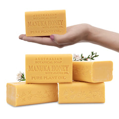 Australian Botanical Soap Manuka Honey with Jojoba Bar closeup lather shows creamy, hydrating bubbles.
