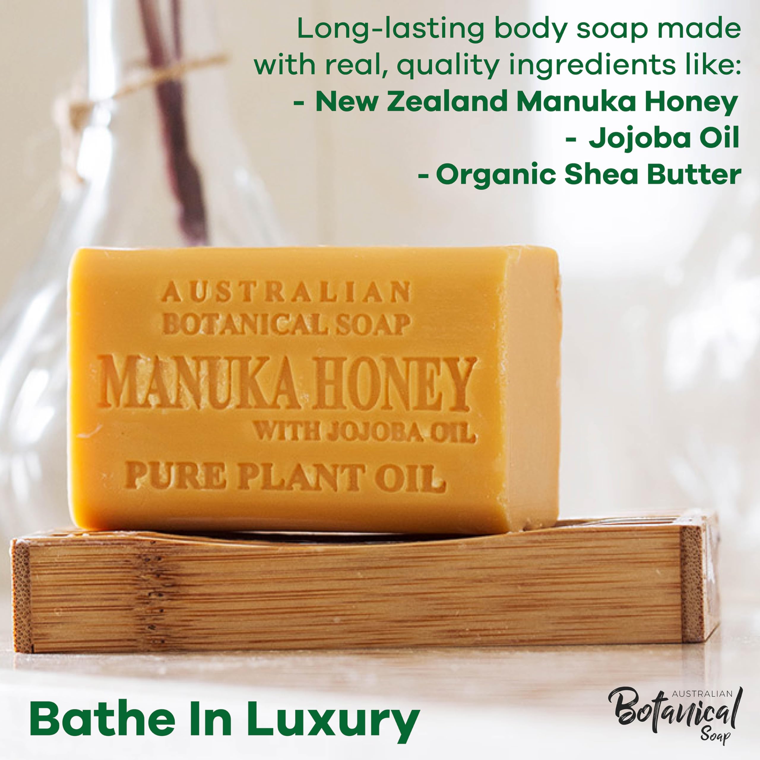 Australian Botanical Soap Manuka Honey with Jojoba Bar front view highlights natural ingredients.