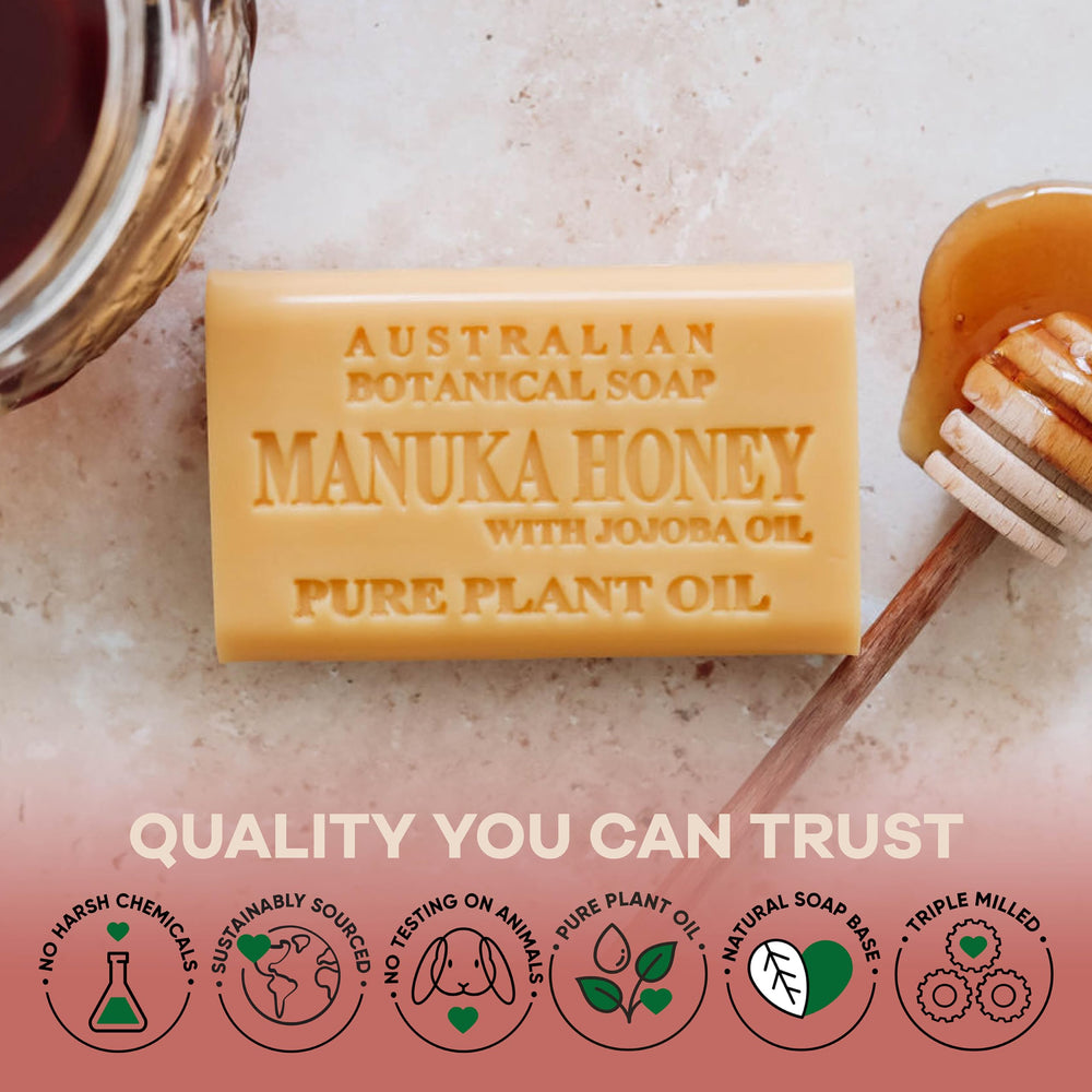 Australian Botanical Soap Manuka Honey with Jojoba Pack Four front view communicates value and consistency.