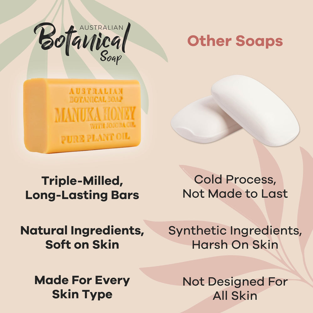 Australian Botanical Soap Manuka Honey with Jojoba Bar shea butter closeup emphasizes hydration and softness.
