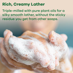 Australian Botanical Soap rich creamy lather close-up with soya bean oil and shea butter nourishes skin