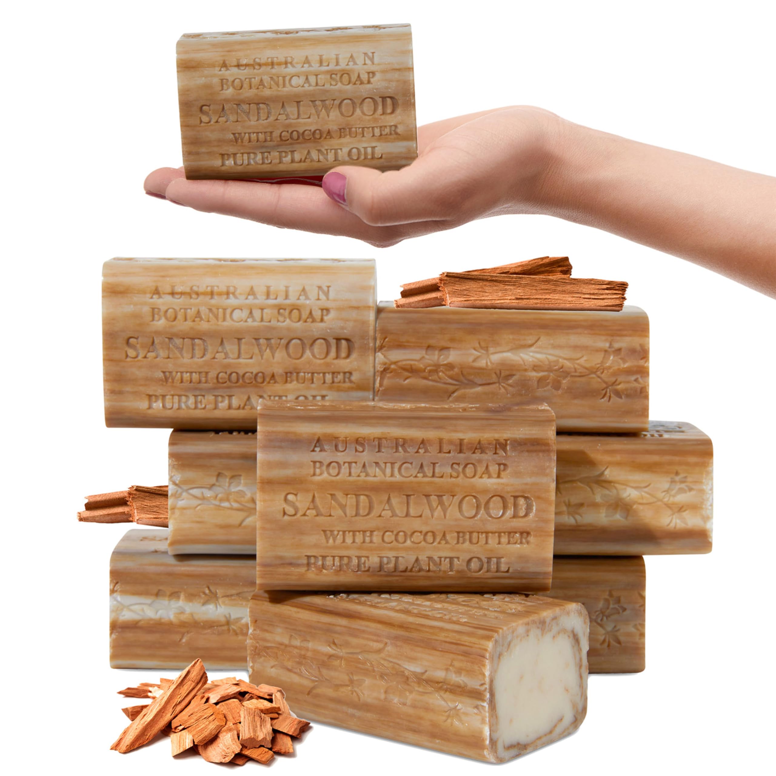 Australian Botanical Soap sandalwood cocoa butter bar closeup showing creamy lather for gentle cleansing.