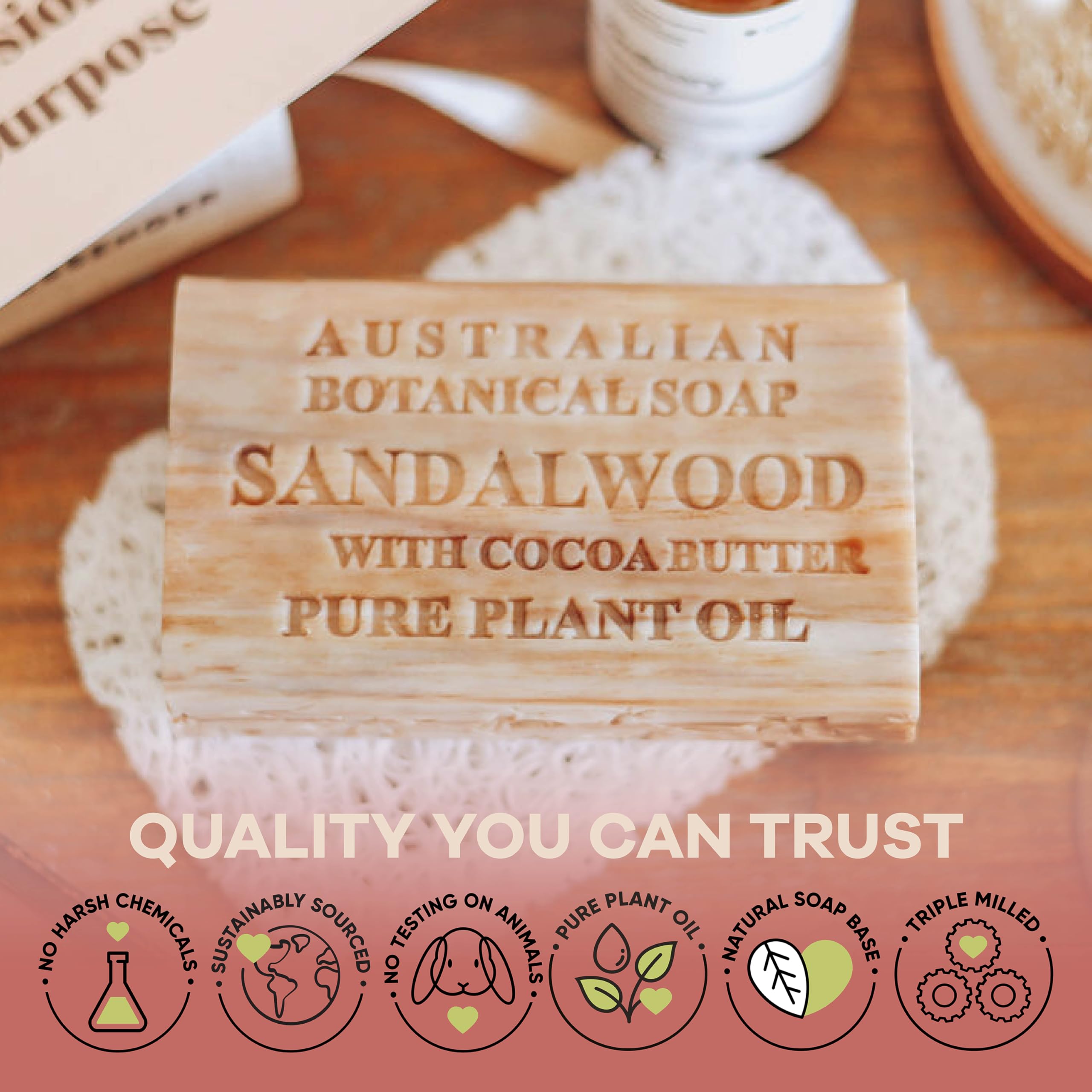 Australian Botanical Soap sandalwood cocoa butter bar with shea ingredients for hydration.