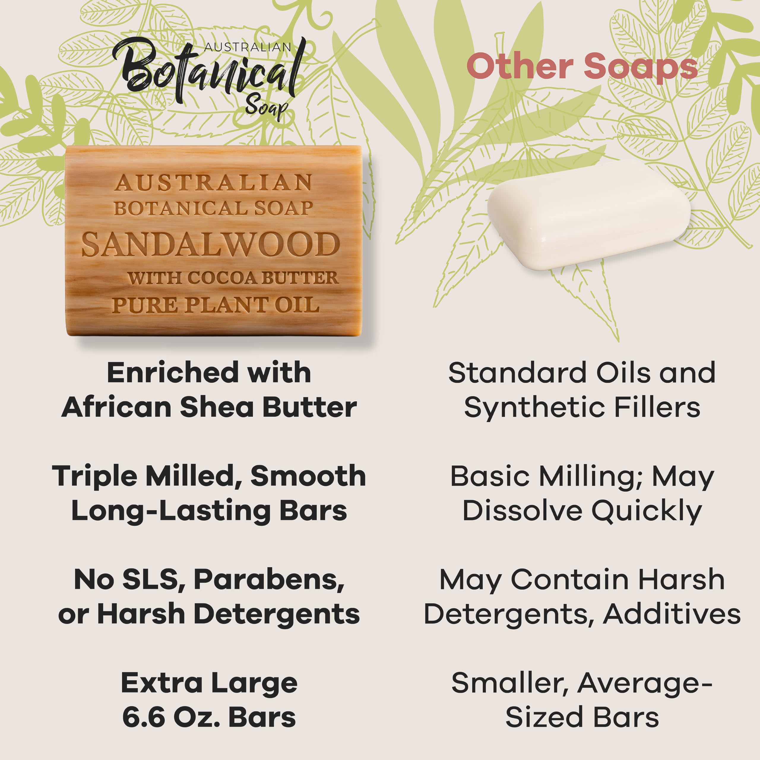 Australian Botanical Soap sandalwood cocoa butter bar slice reveals natural ingredients for nourished skin.