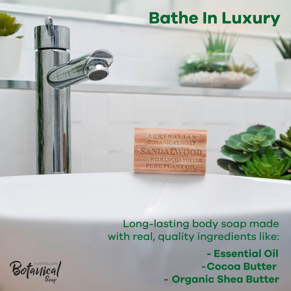 Australian Botanical Soap sandalwood cocoa butter bar texture highlights long-lasting, rich lather.