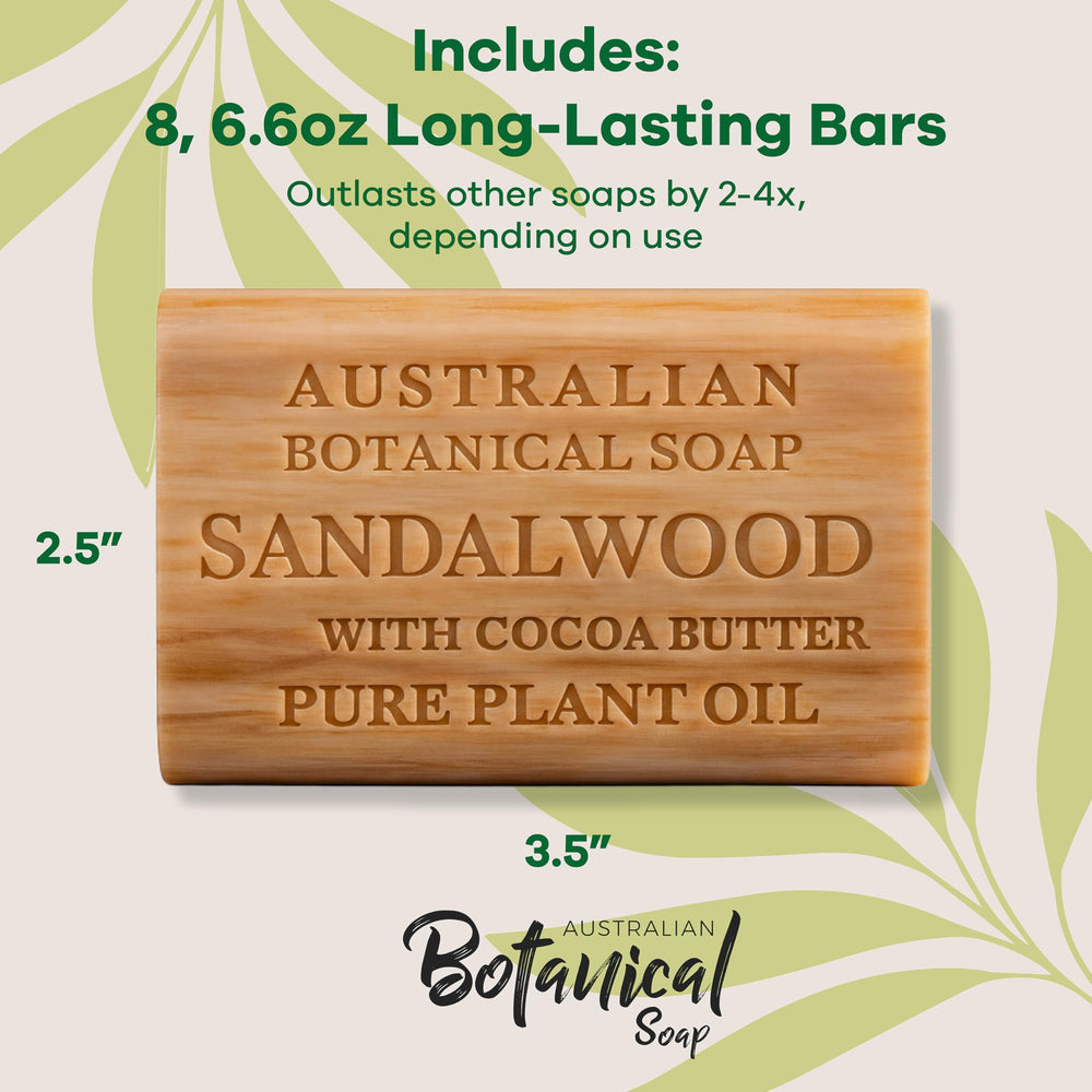 Australian Botanical Soap sandalwood cocoa butter bar pack-8 outer view highlighting bulk value.