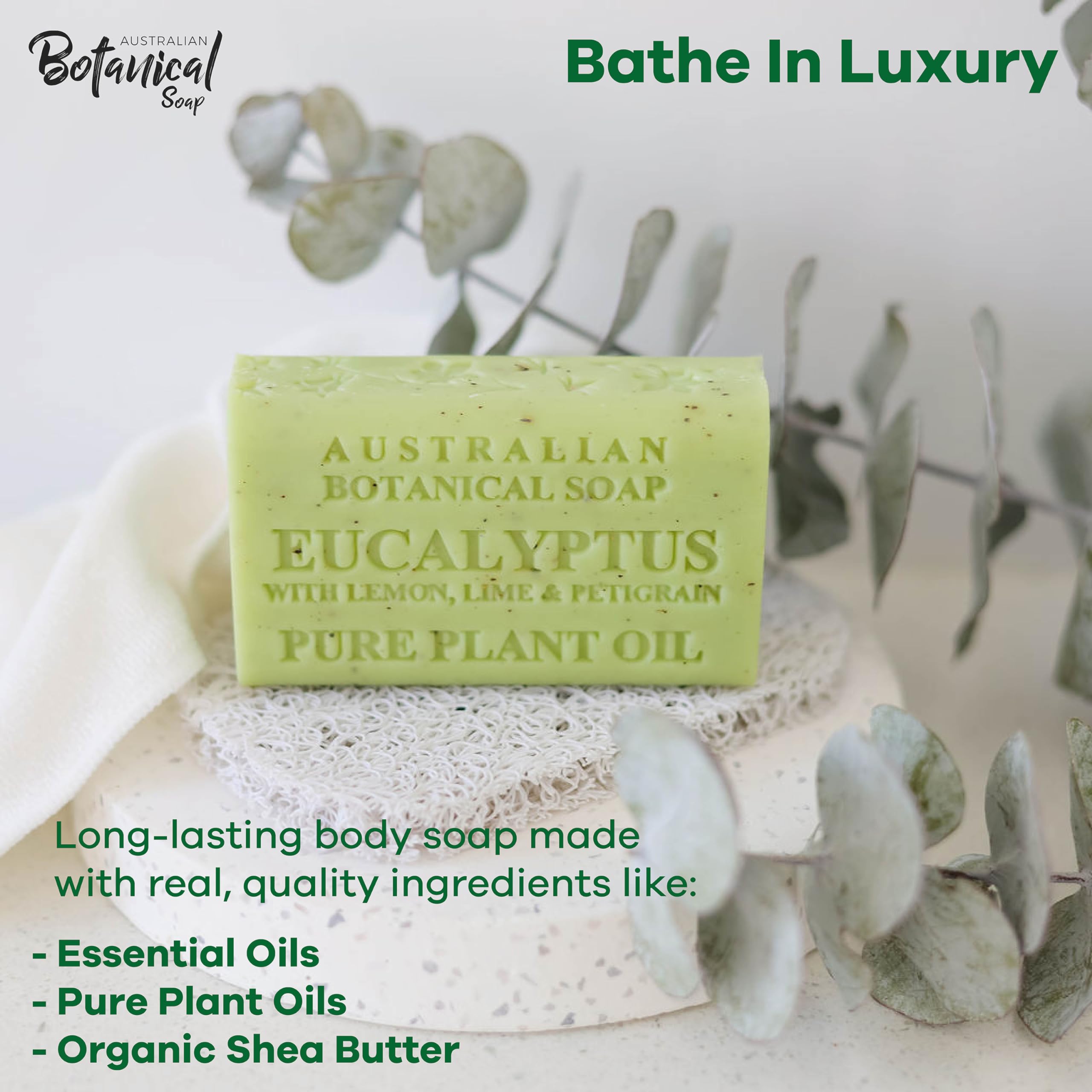 Australian Botanical Soap triple-milled bar close-up showing long-lasting, creamy lather.