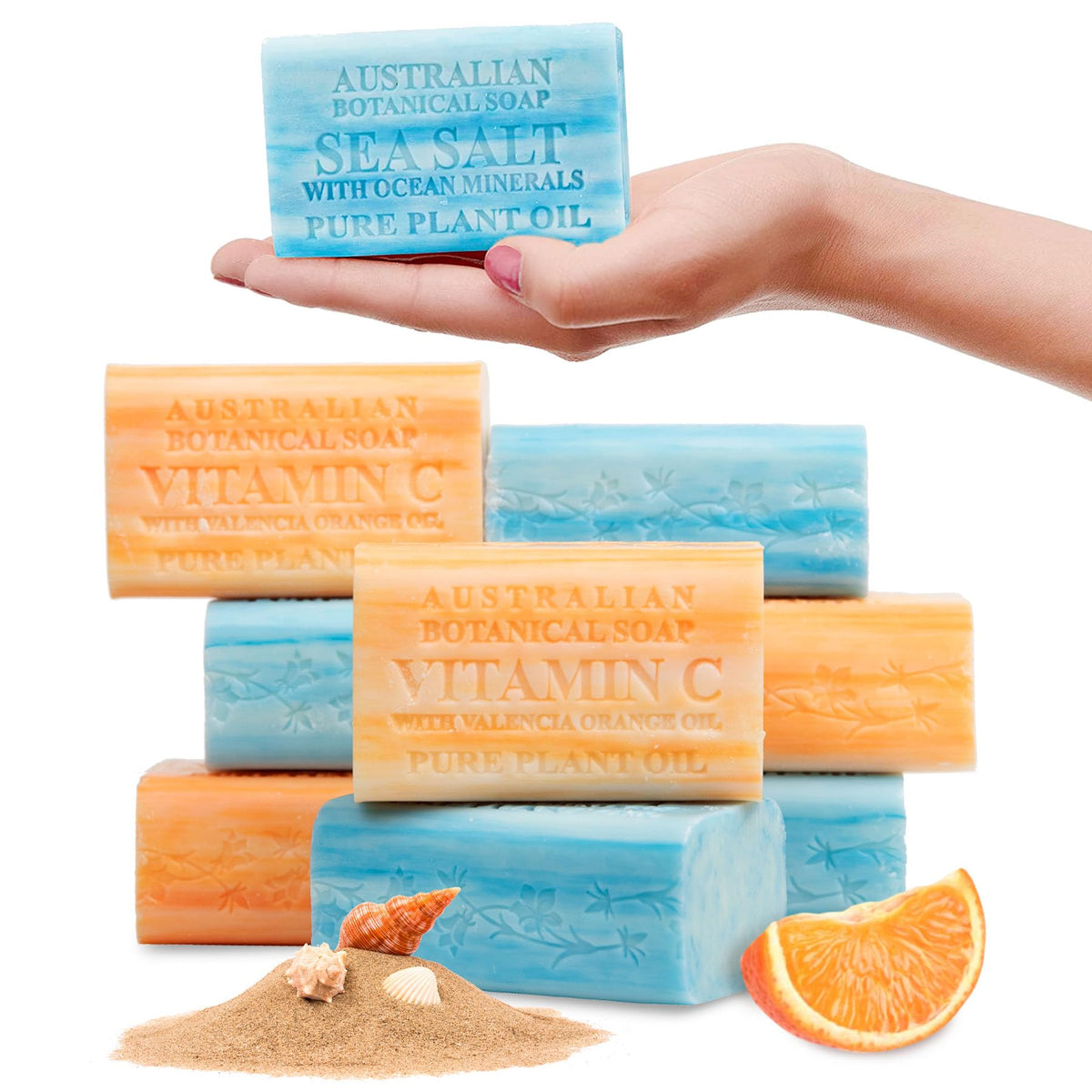 Australian Botanical Soap Valencia Orange bar close-up shows citrus aroma for a refreshing cleanse.
