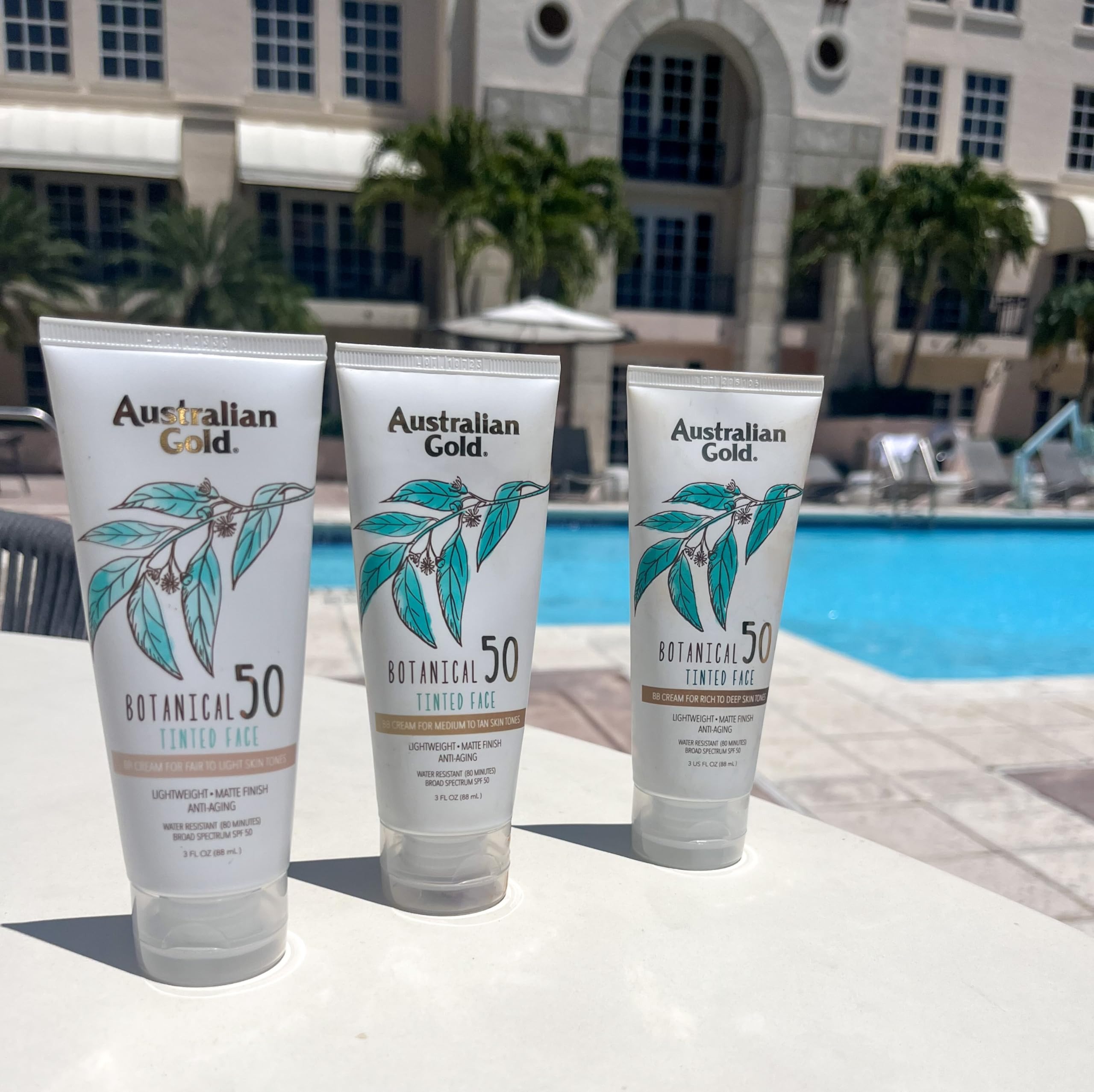 Australian Gold Botanical SPF 50 tinted face lotion fragrance-free label emphasizes sensitive-skin friendly.