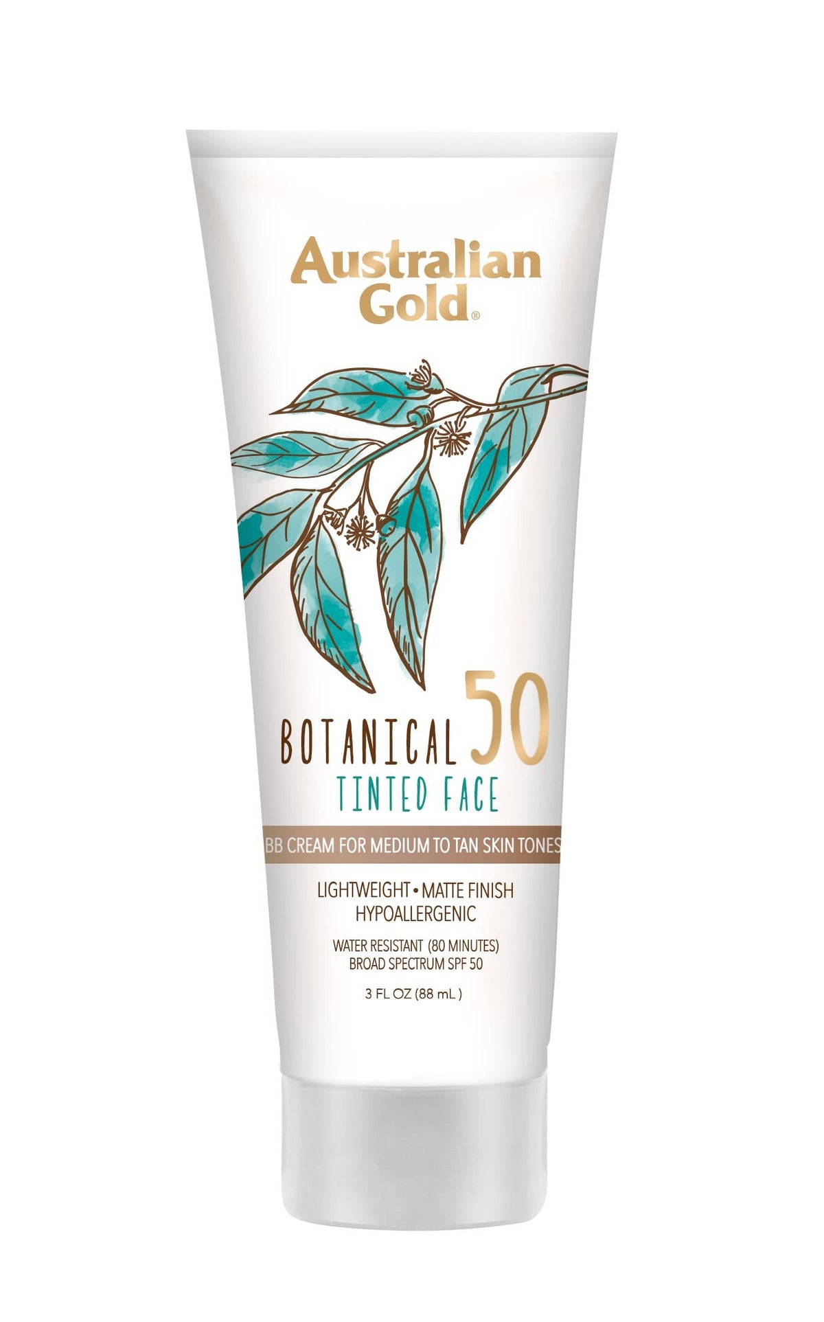 Australian Gold Botanical SPF 50 tinted mineral sunscreen bottle with matte finish for sensitive skin.