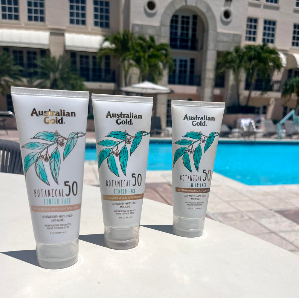 Australian Gold tinted sunscreen shown as last-step layer over serums.