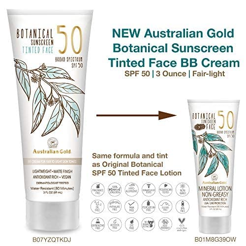 Australian Gold Botanical SPF50 tinted lotion shown outdoors to illustrate water resistance and sun protection.