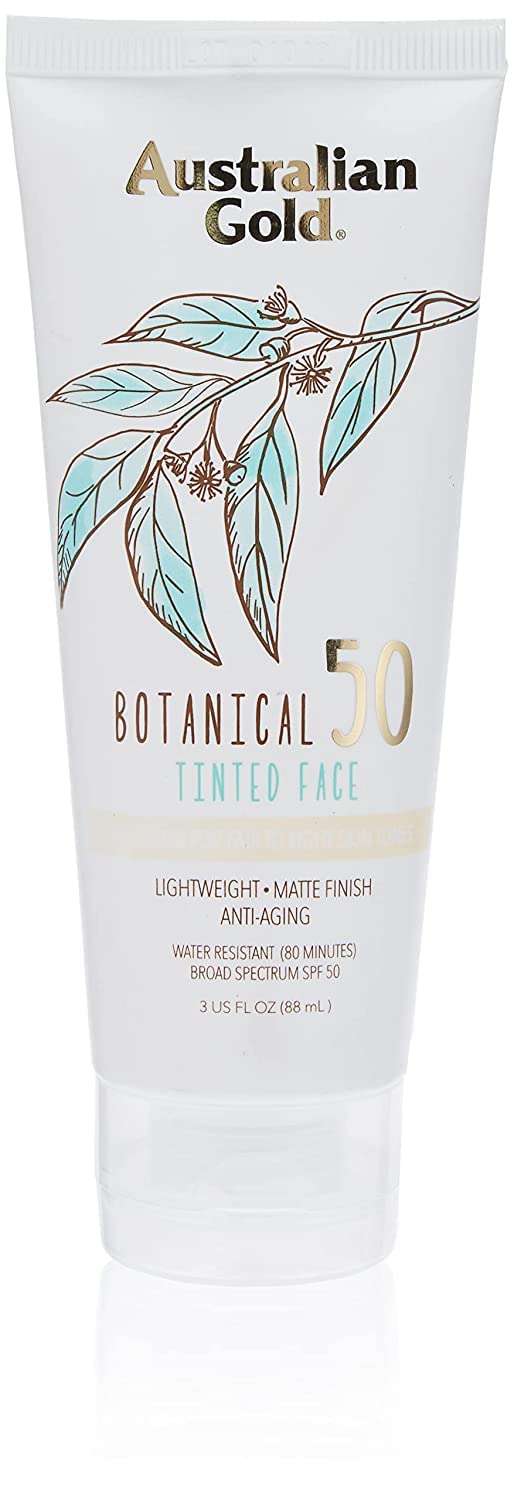 Australian Gold Botanical SPF50 tinted face lotion package on shelf signaling daily sun protection.