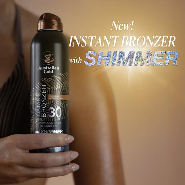 Australian Gold bronzer spray with shimmer creates instant glow during beach outings