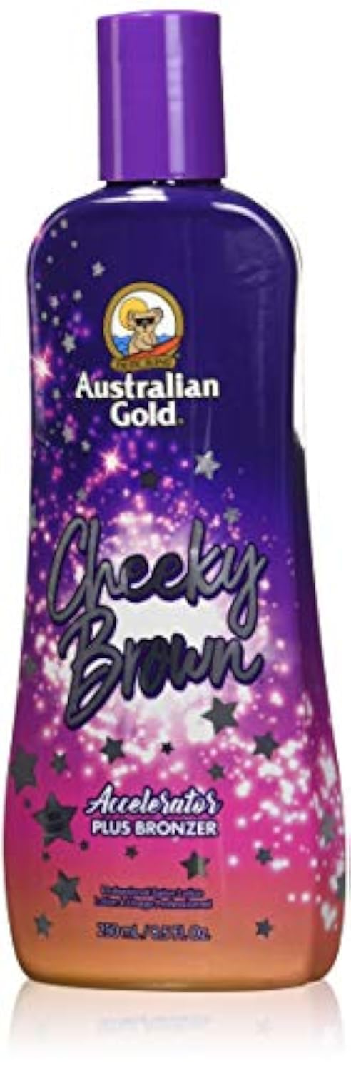 Australian Gold Cheeky Brown Accelerator bottle showcasing instant bronzer for quicker tanning