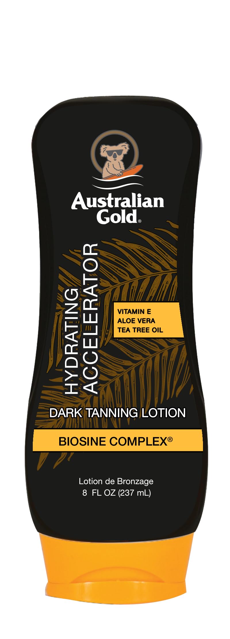 Australian Gold Dark Tanning Accelerator bottle shows Cocoa Dreams fragrance for beach-ready glow.