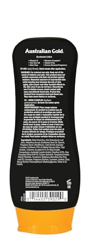 Australian Gold Dark Tanning Accelerator bottle highlights Cocoa Dreams tropical aroma.