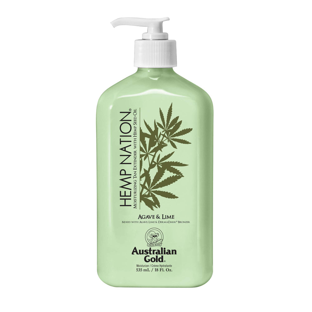 Australian Gold Hemp Nation Agave Lime tan extender bottle close-up showing color-enhancing formula for a balanced tan