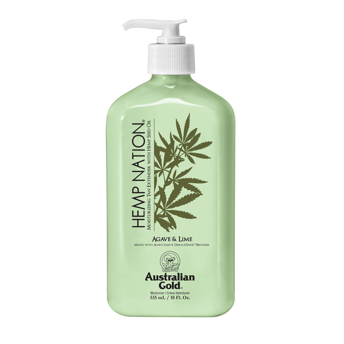 Australian Gold Hemp Nation Agave Lime tan extender bottle close-up showing color-enhancing formula for a balanced tan
