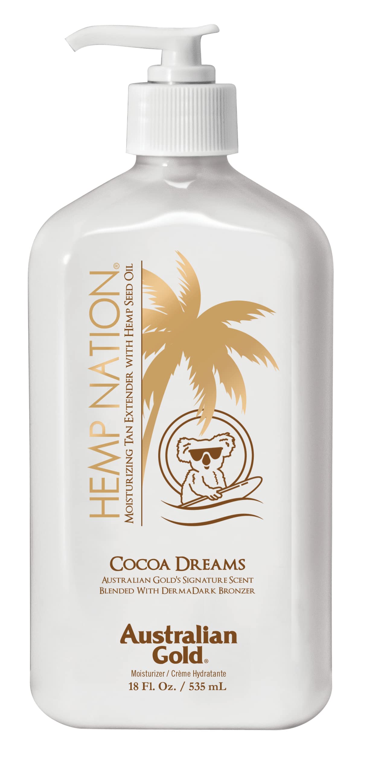 Australian Gold Hemp Nation Cocoa Dreams tan extender bottle highlights a hydrating vegan formula for everyday use.
