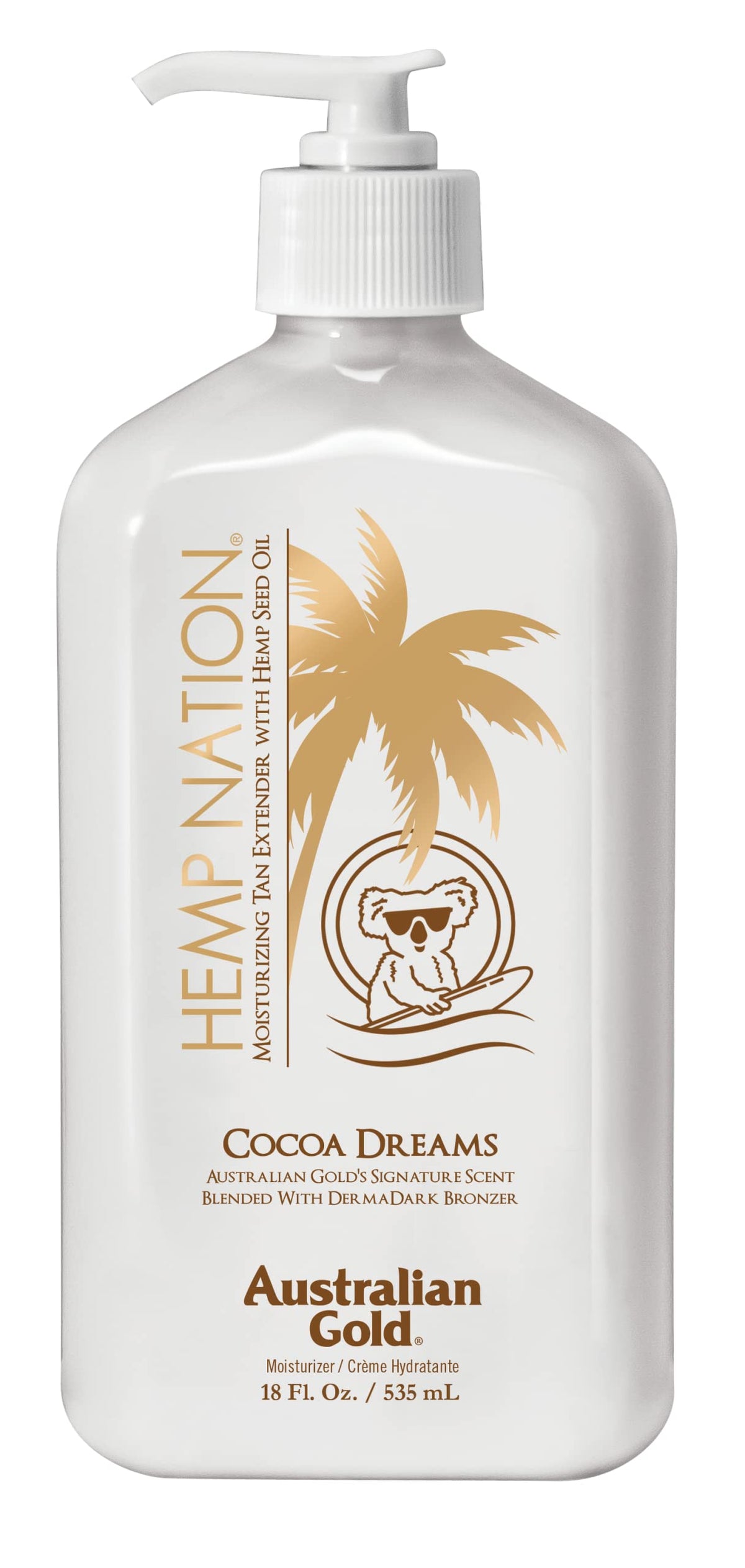 Australian Gold Hemp Nation Cocoa Dreams tan extender bottle highlights a hydrating vegan formula for everyday use.