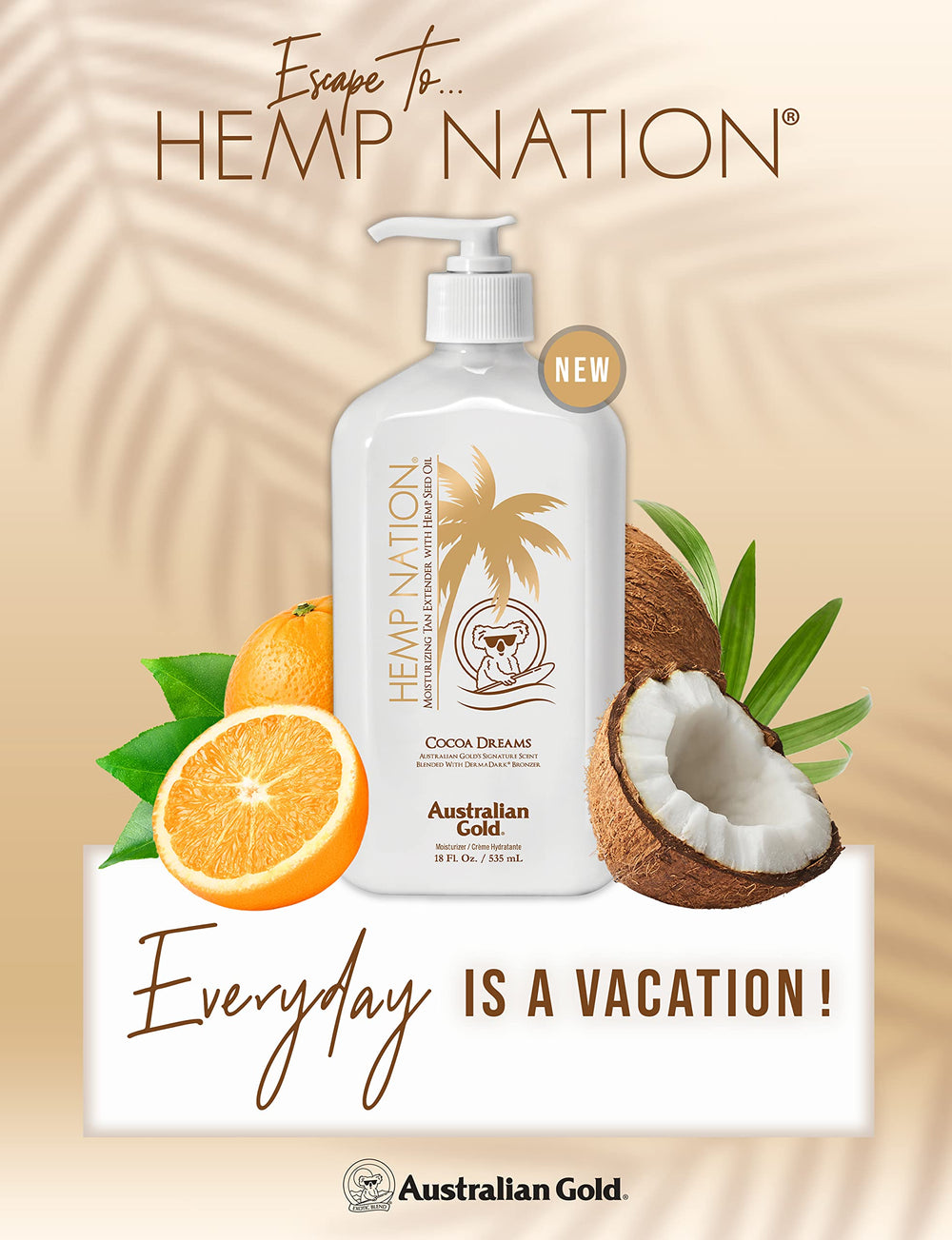 Australian Gold Hemp Nation Cocoa Dreams tan extender pump-dispense enables easy, mess-free, even coverage.