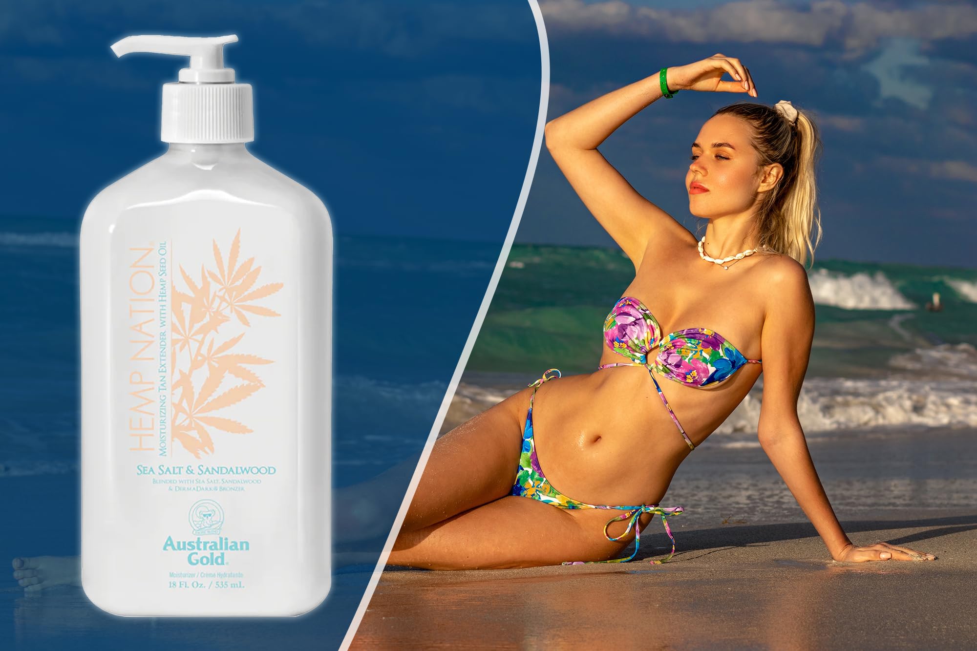 Australian Gold Hemp Nation sea salt sandalwood lotion application shot shows smooth coverage.